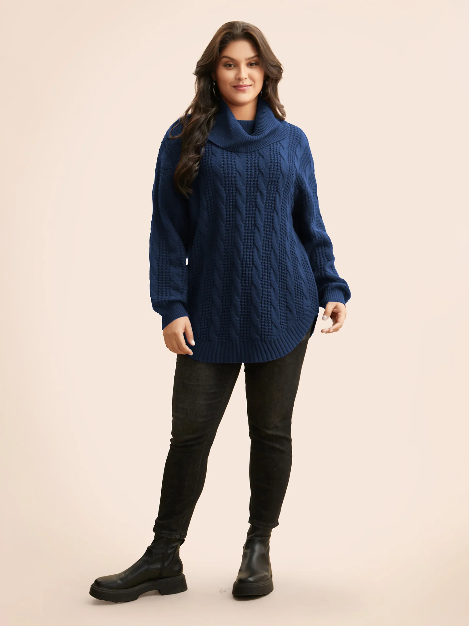Turtleneck Cable Knit Curved Hem Pullover - Image 4