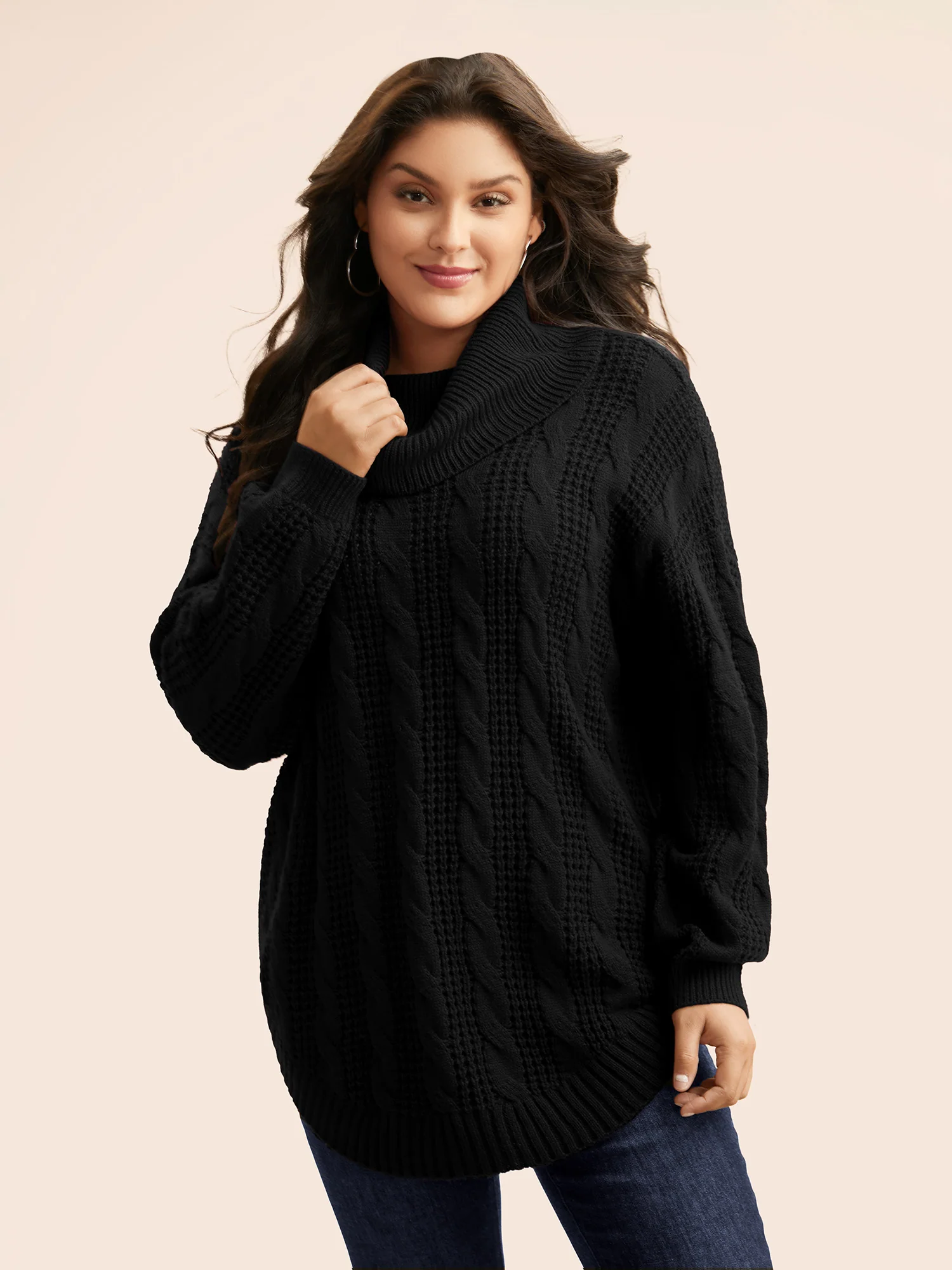 Turtleneck Cable Knit Curved Hem Pullover - Image 5