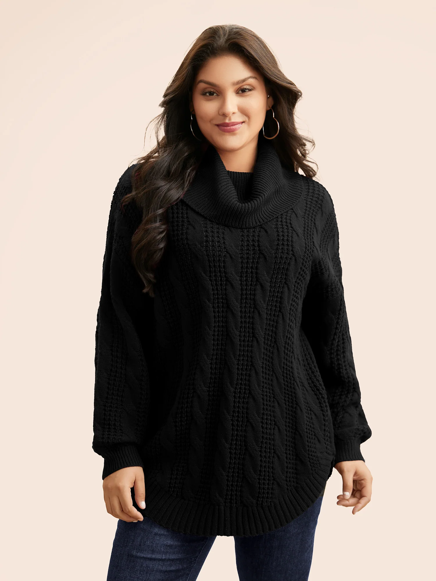 Turtleneck Cable Knit Curved Hem Pullover - Image 7