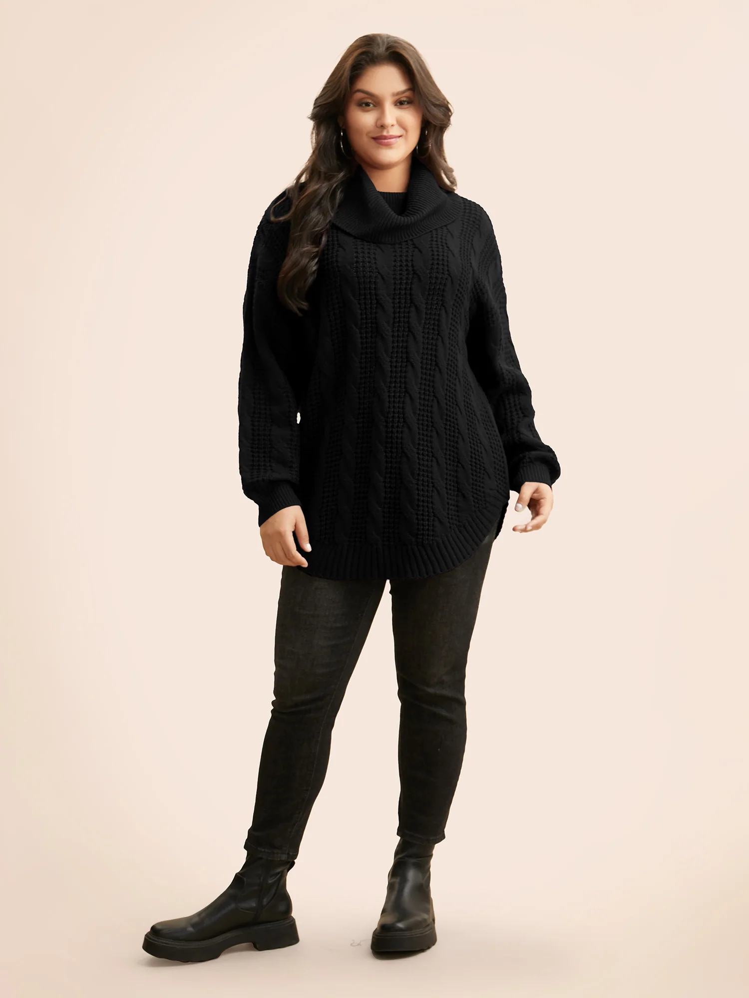 Turtleneck Cable Knit Curved Hem Pullover - Image 8