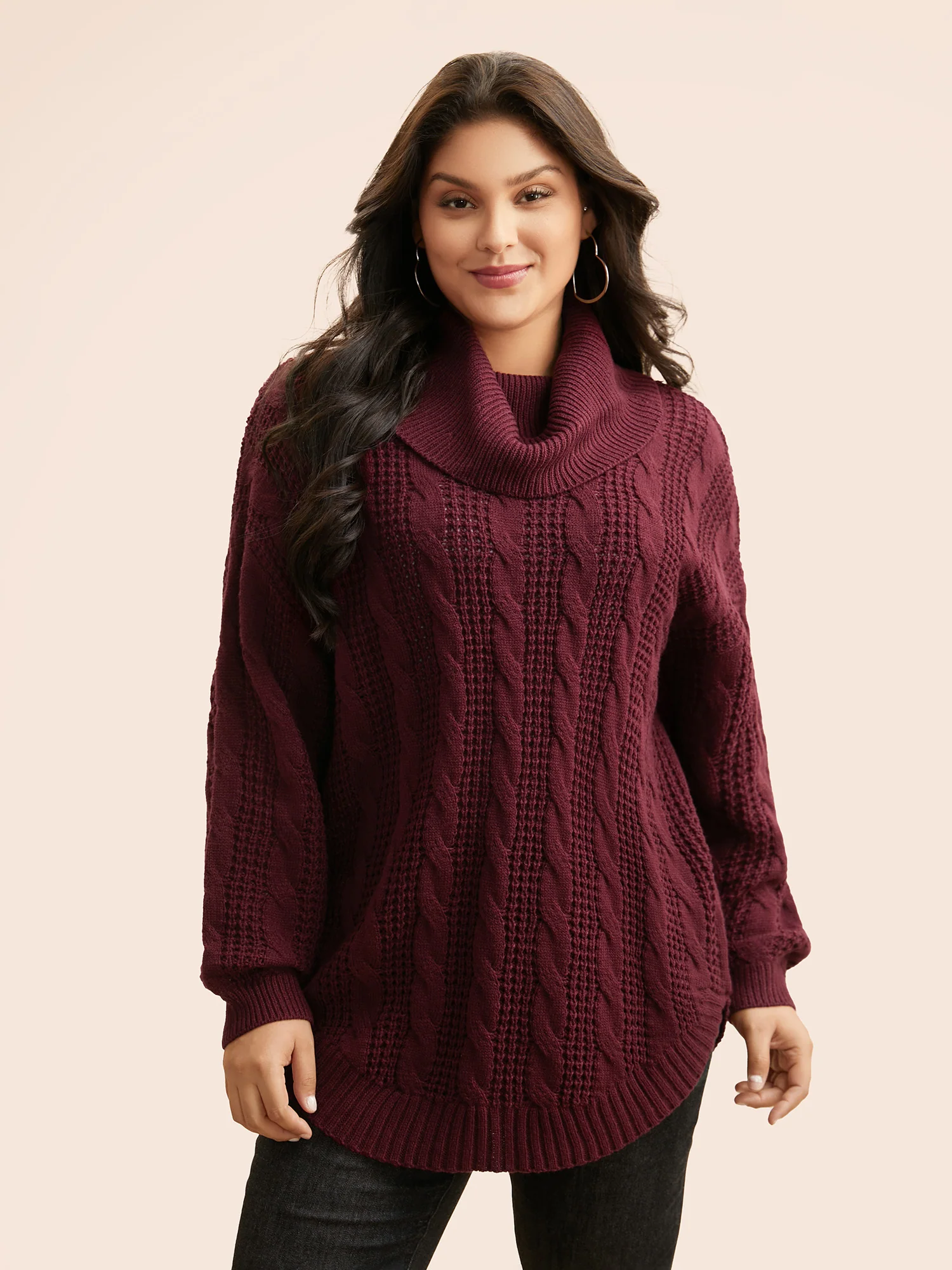 Turtleneck Cable Knit Curved Hem Pullover - Image 9