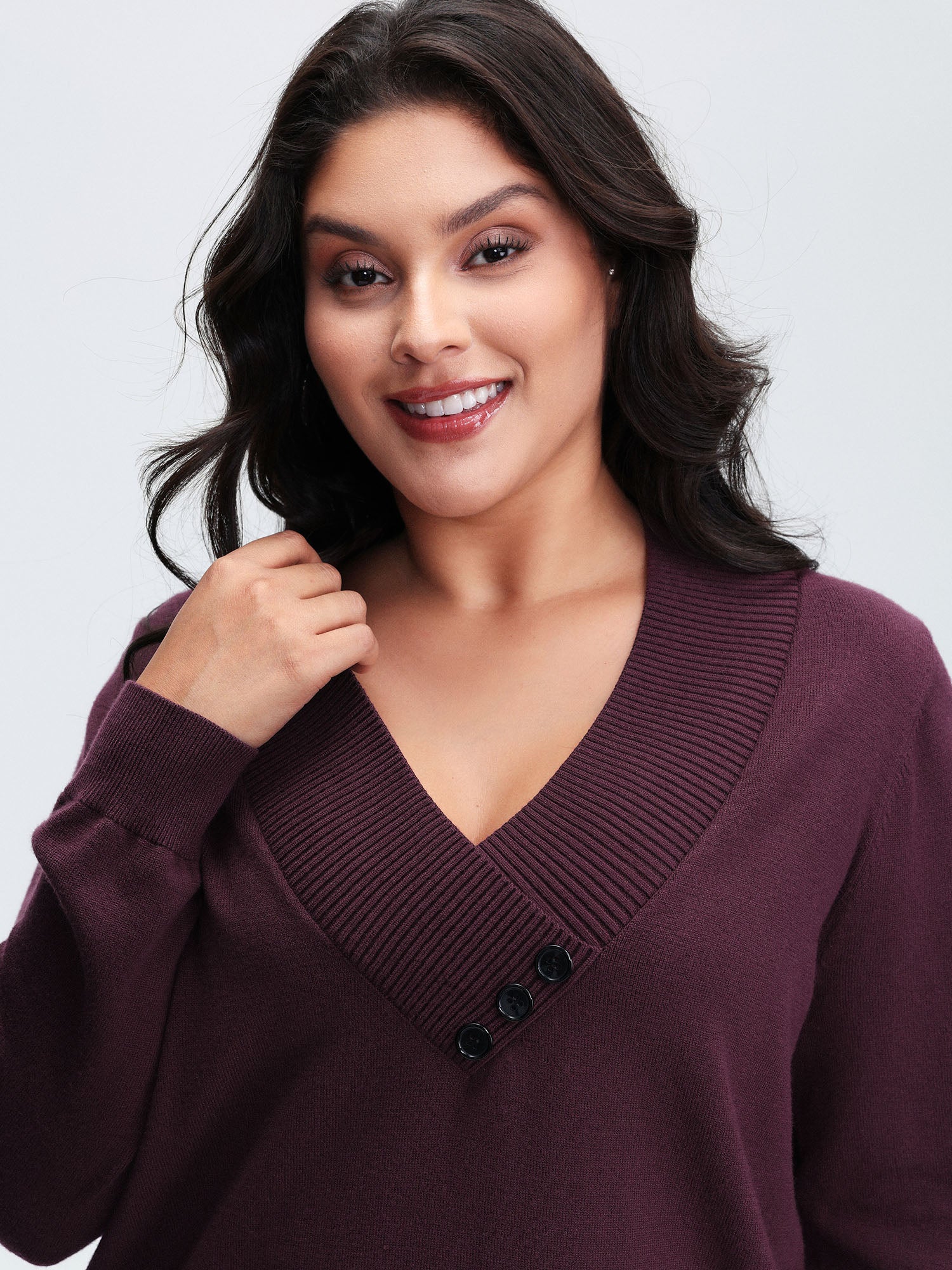 V-Neck Button Detail Plain Pullover - Image 2