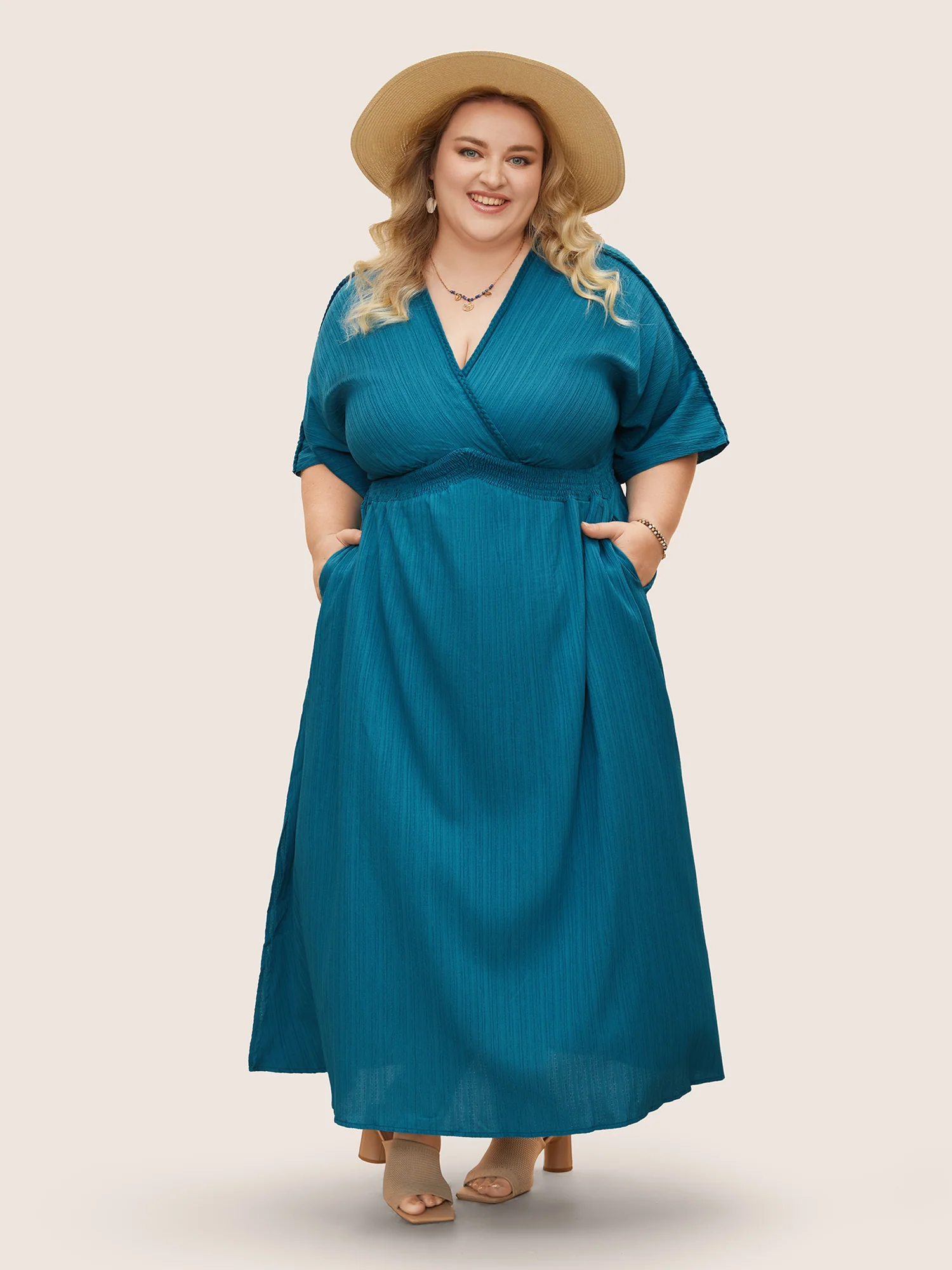 V Neck Shirred Contrast Webbing Split Side Dress - Image 12