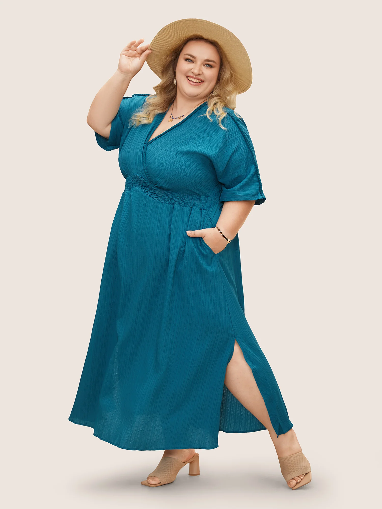 V Neck Shirred Contrast Webbing Split Side Dress - Image 13