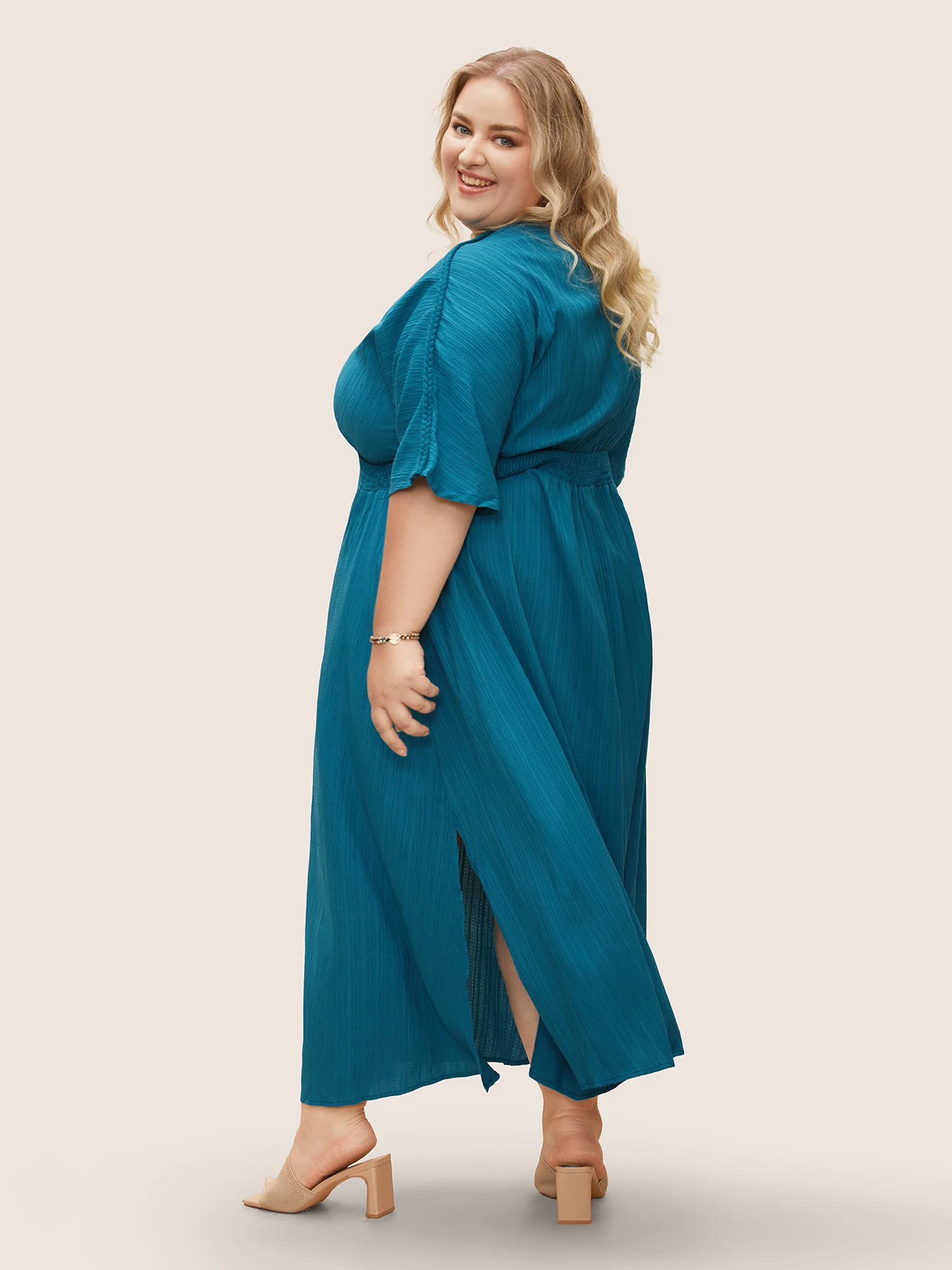 V Neck Shirred Contrast Webbing Split Side Dress - Image 15