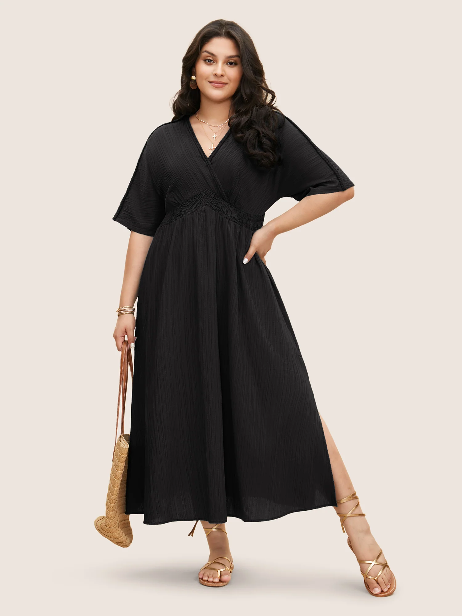 V Neck Shirred Contrast Webbing Split Side Dress - Image 16