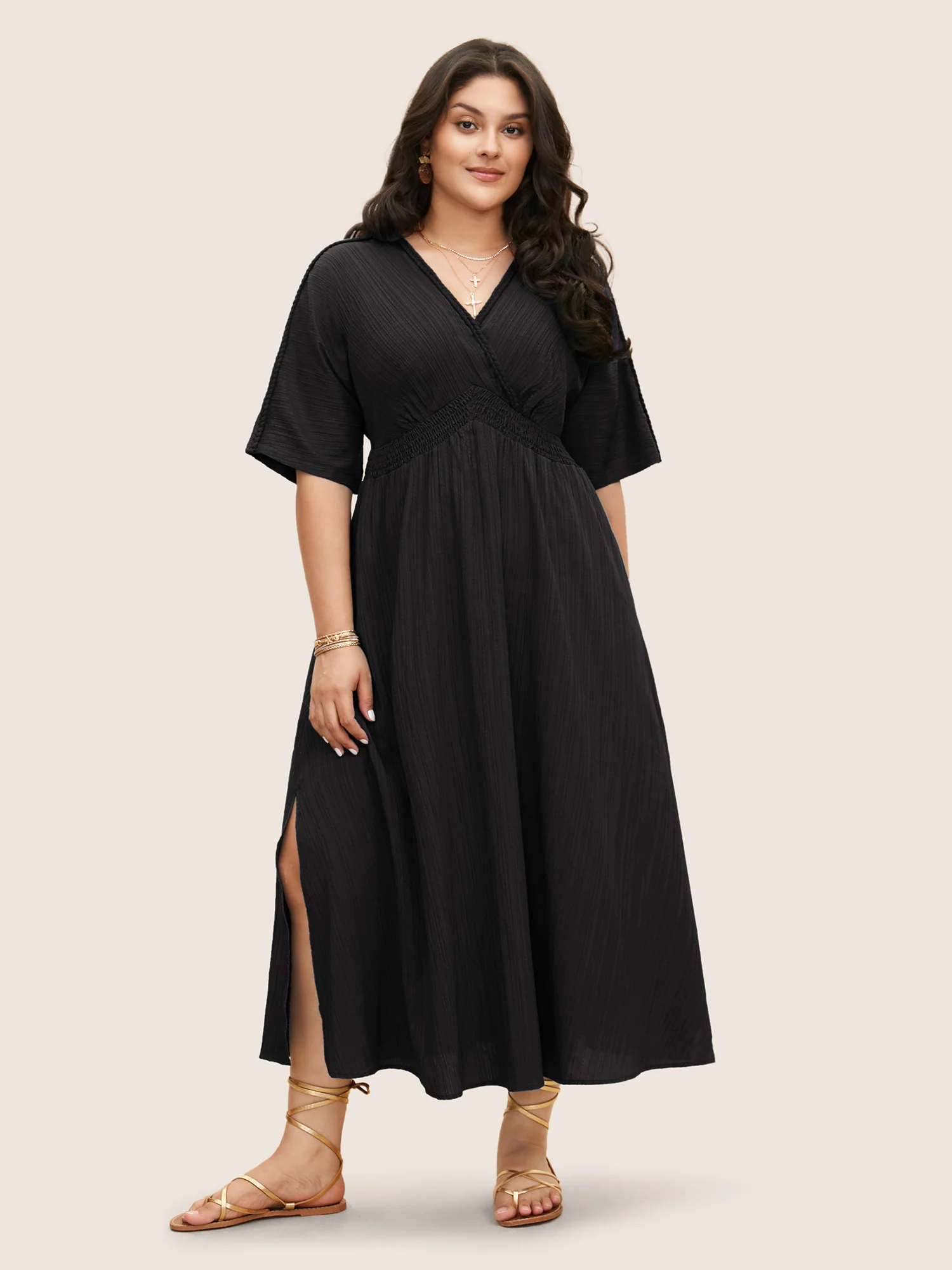V Neck Shirred Contrast Webbing Split Side Dress - Image 17