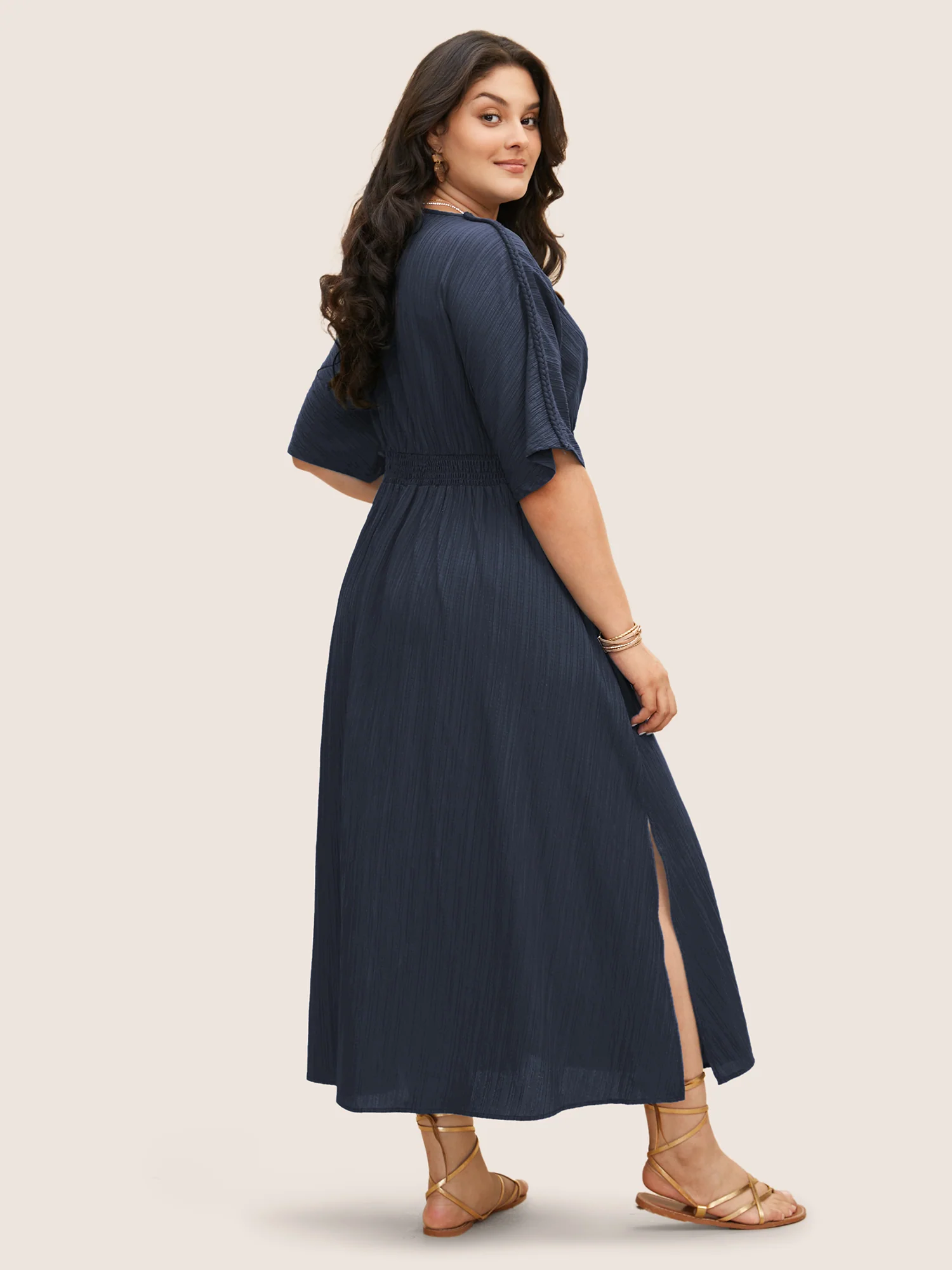 V Neck Shirred Contrast Webbing Split Side Dress - Image 4