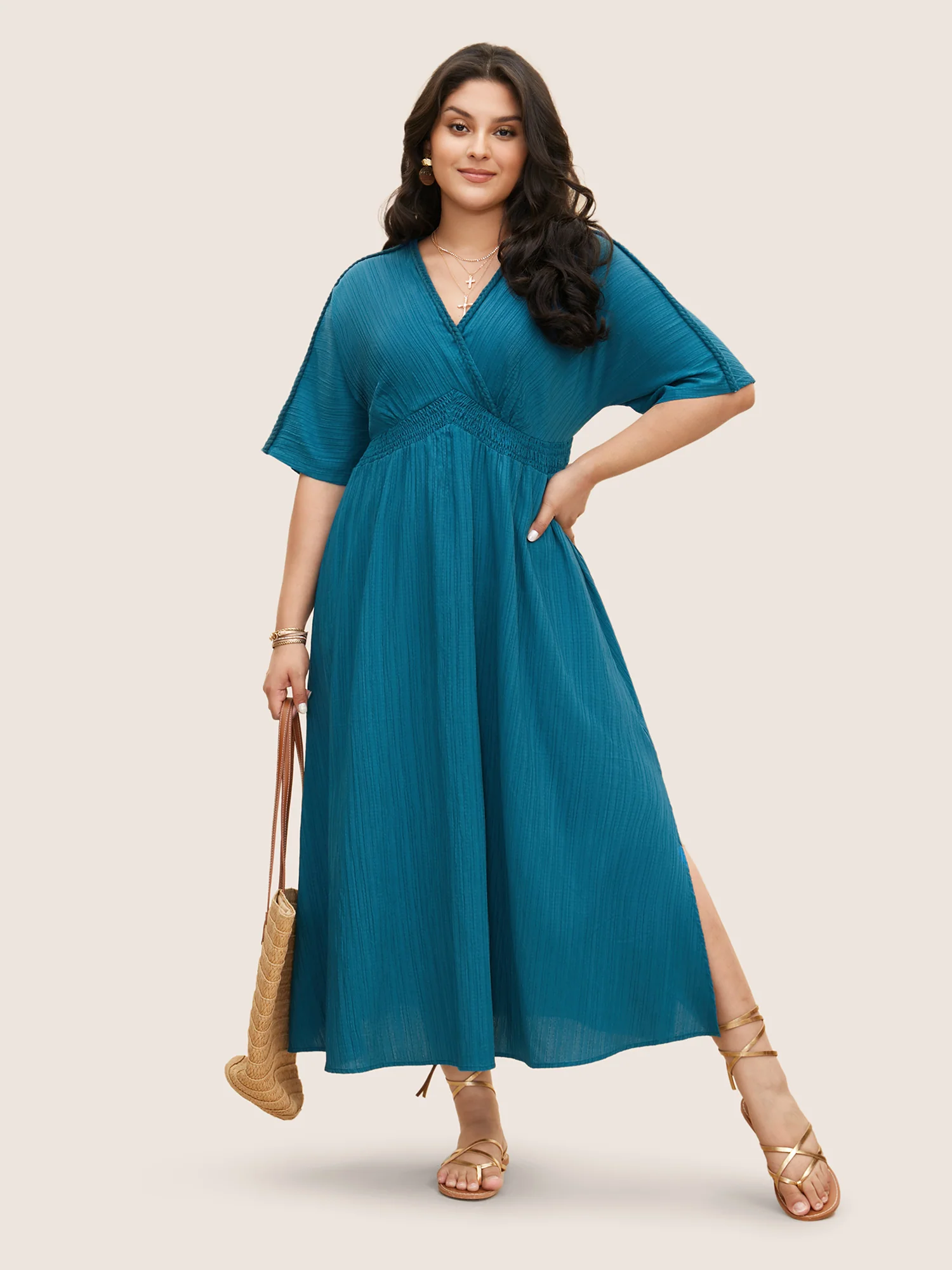 V Neck Shirred Contrast Webbing Split Side Dress - Image 5