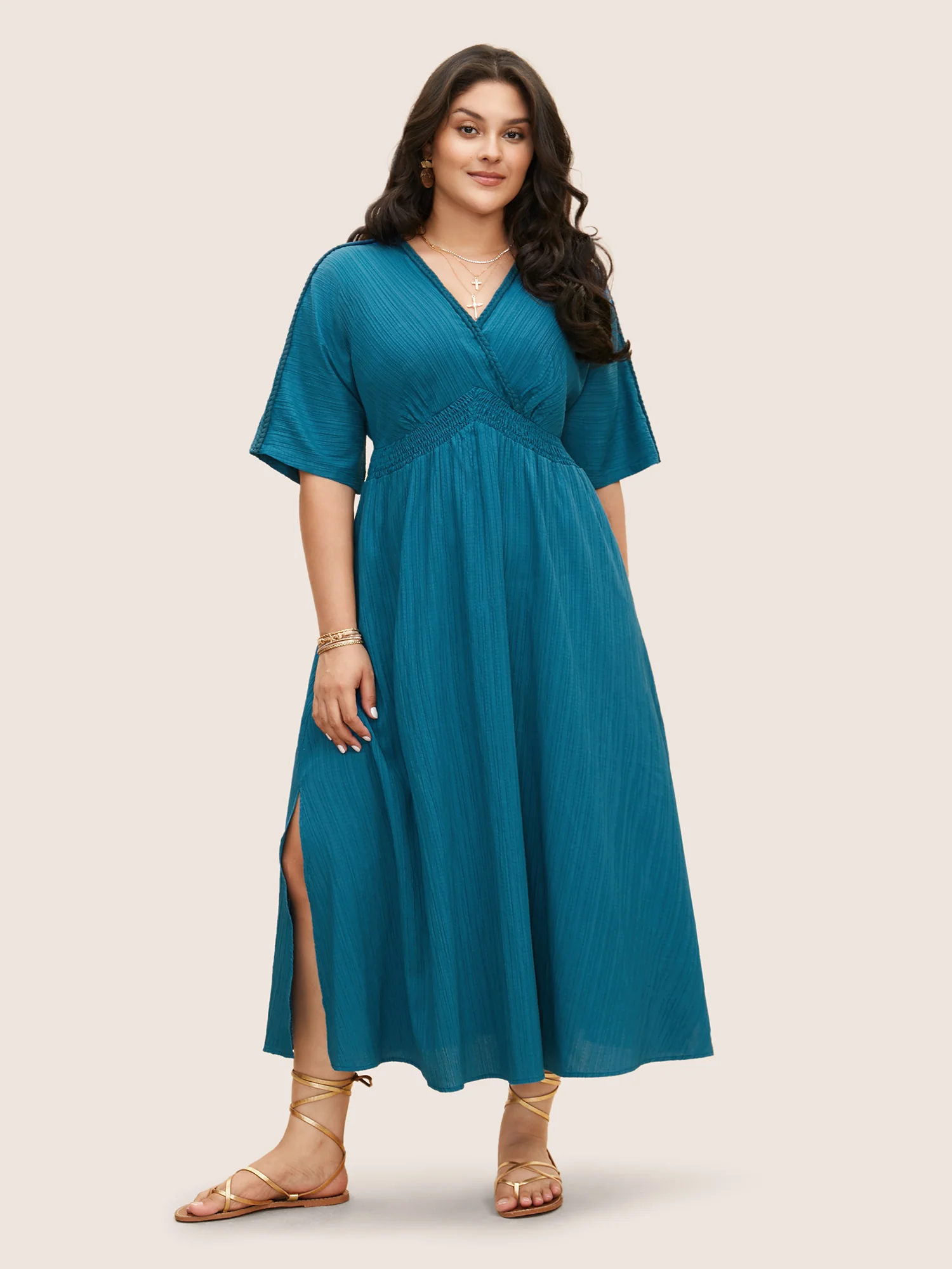 V Neck Shirred Contrast Webbing Split Side Dress - Image 7