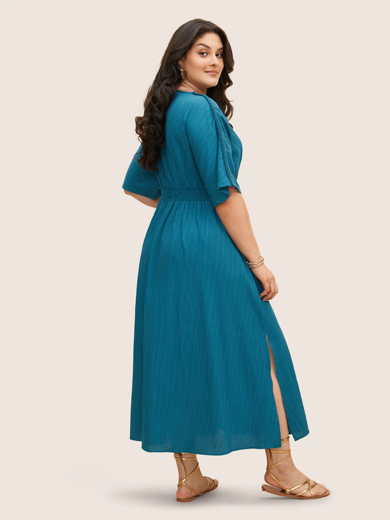 V Neck Shirred Contrast Webbing Split Side Dress - Image 8