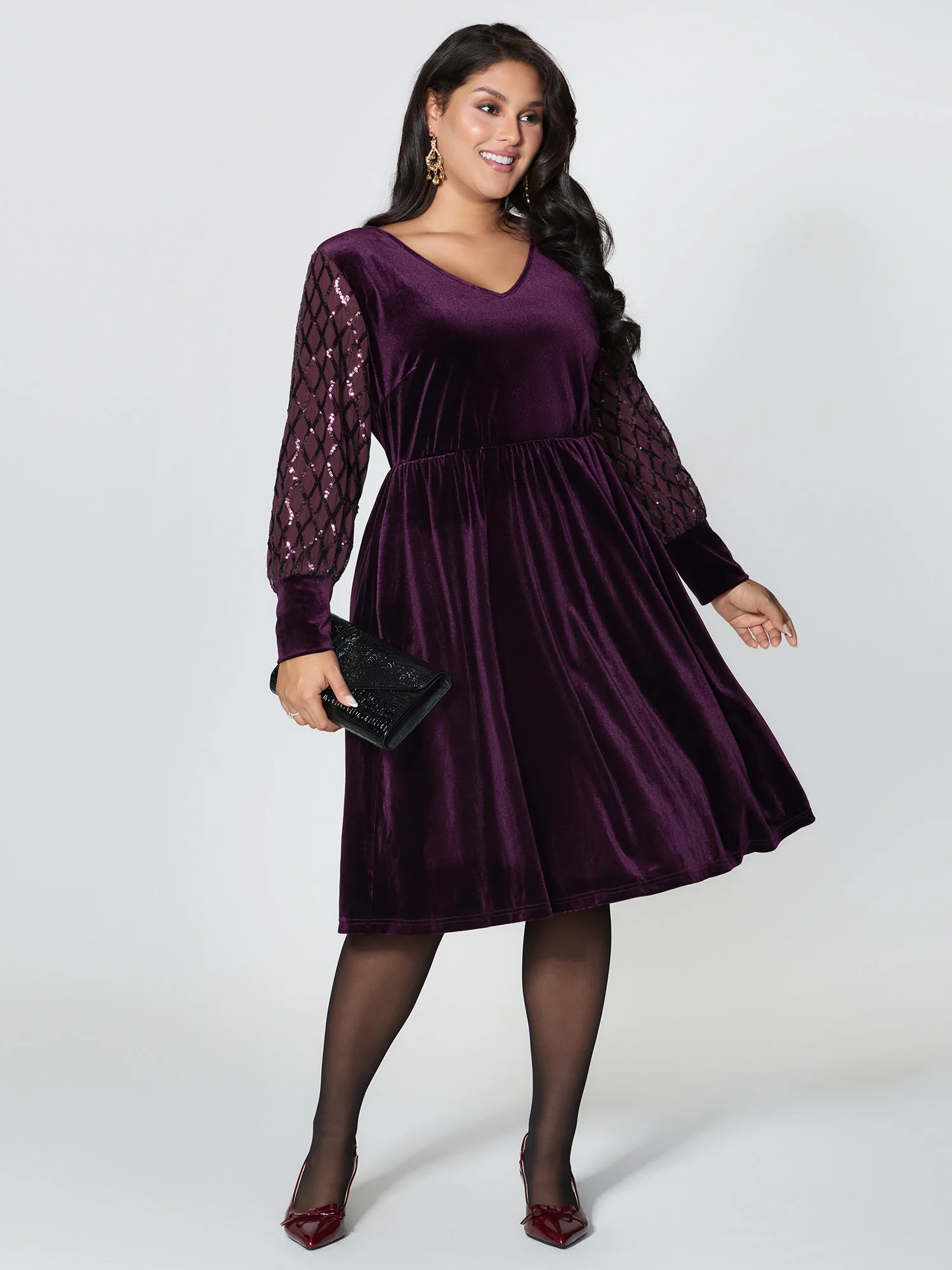 Velvet Sequin Sheer Sleeve Midi Dress - Image 3
