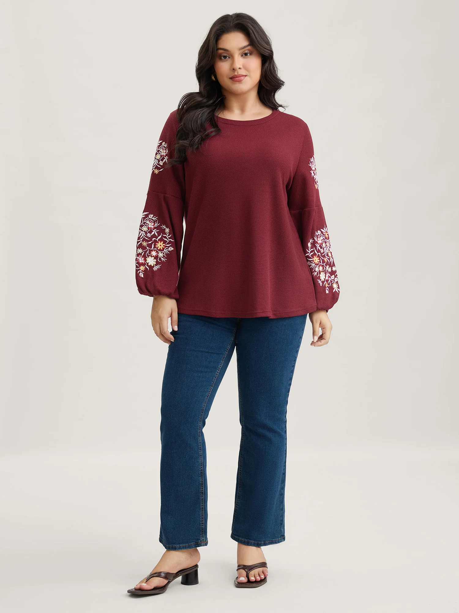 Waffle Knit Floral Embroidered Lantern Sleeve T-shirt - Image 11