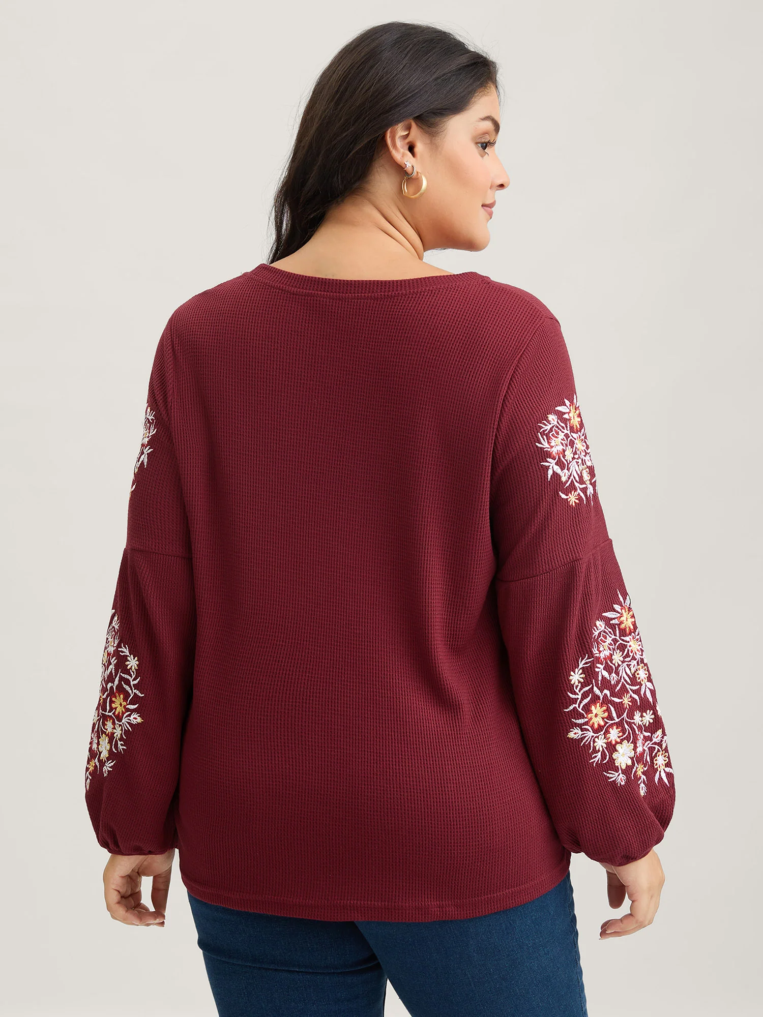 Waffle Knit Floral Embroidered Lantern Sleeve T-shirt - Image 12