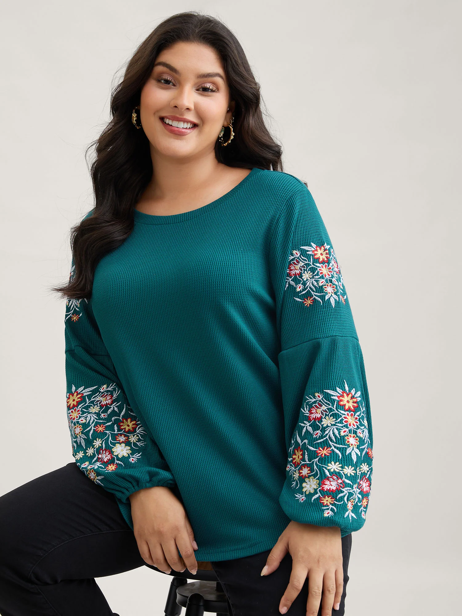Waffle Knit Floral Embroidered Lantern Sleeve T-shirt - Image 13