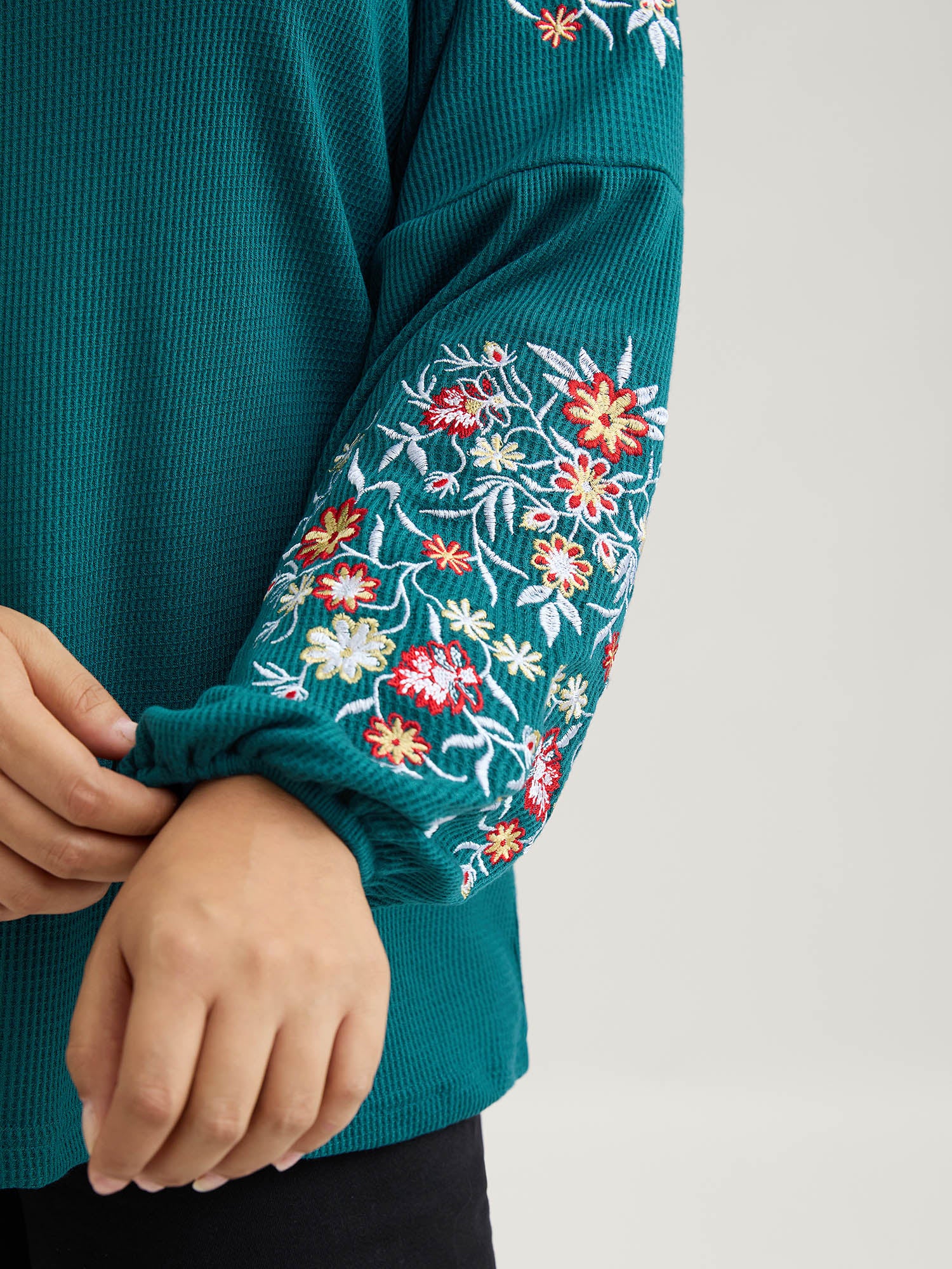Waffle Knit Floral Embroidered Lantern Sleeve T-shirt - Image 14