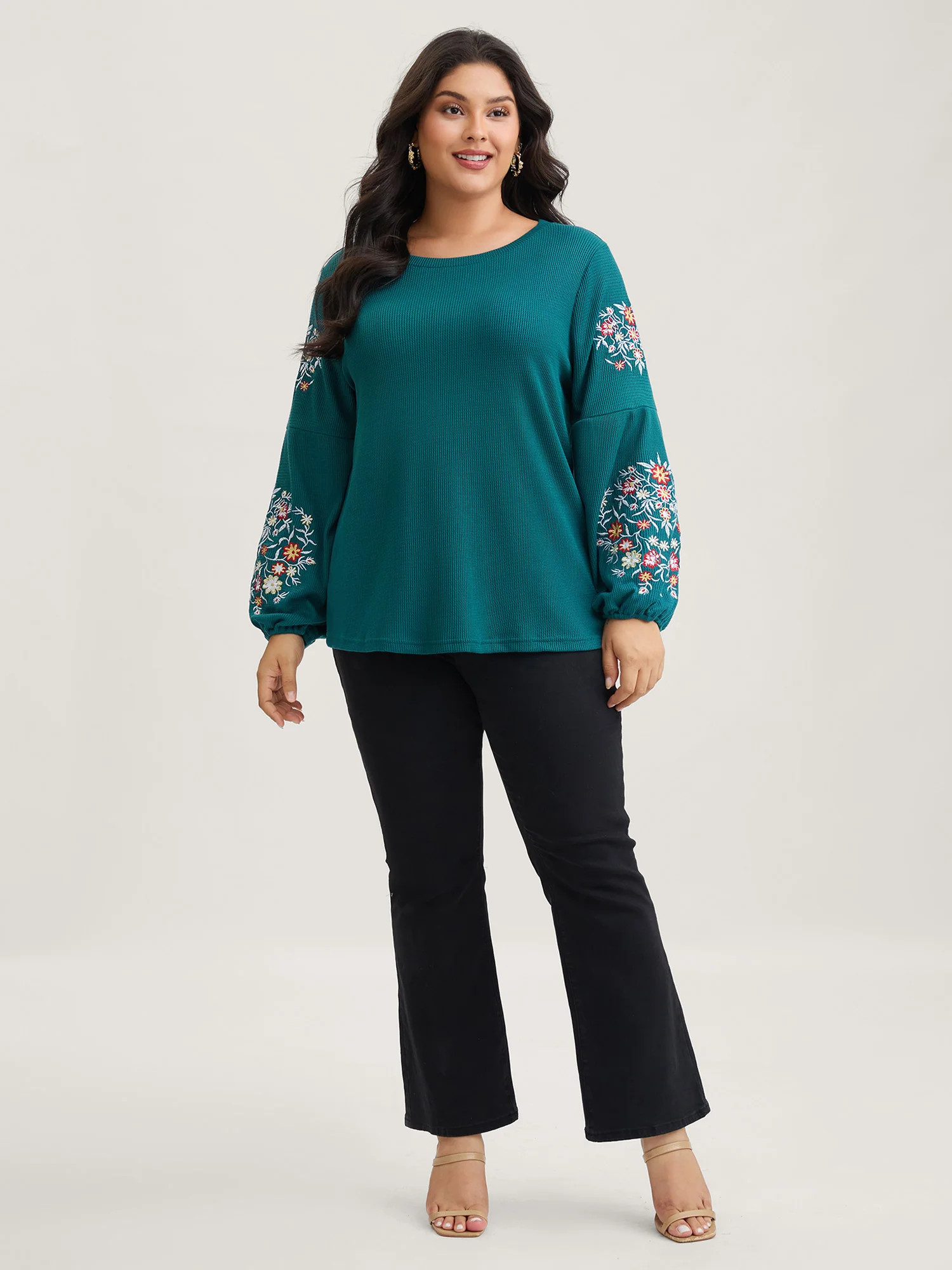 Waffle Knit Floral Embroidered Lantern Sleeve T-shirt - Image 15