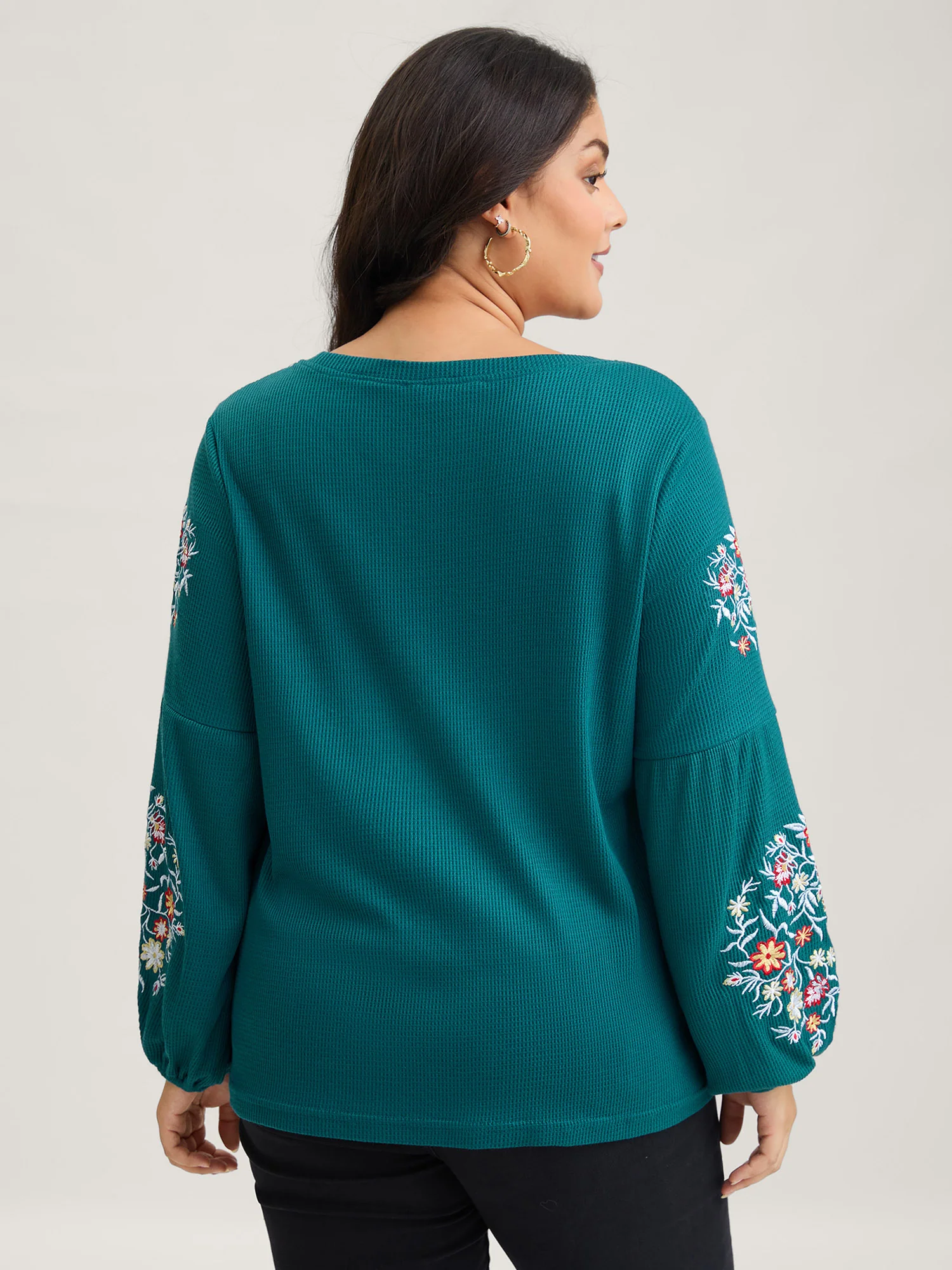 Waffle Knit Floral Embroidered Lantern Sleeve T-shirt - Image 16