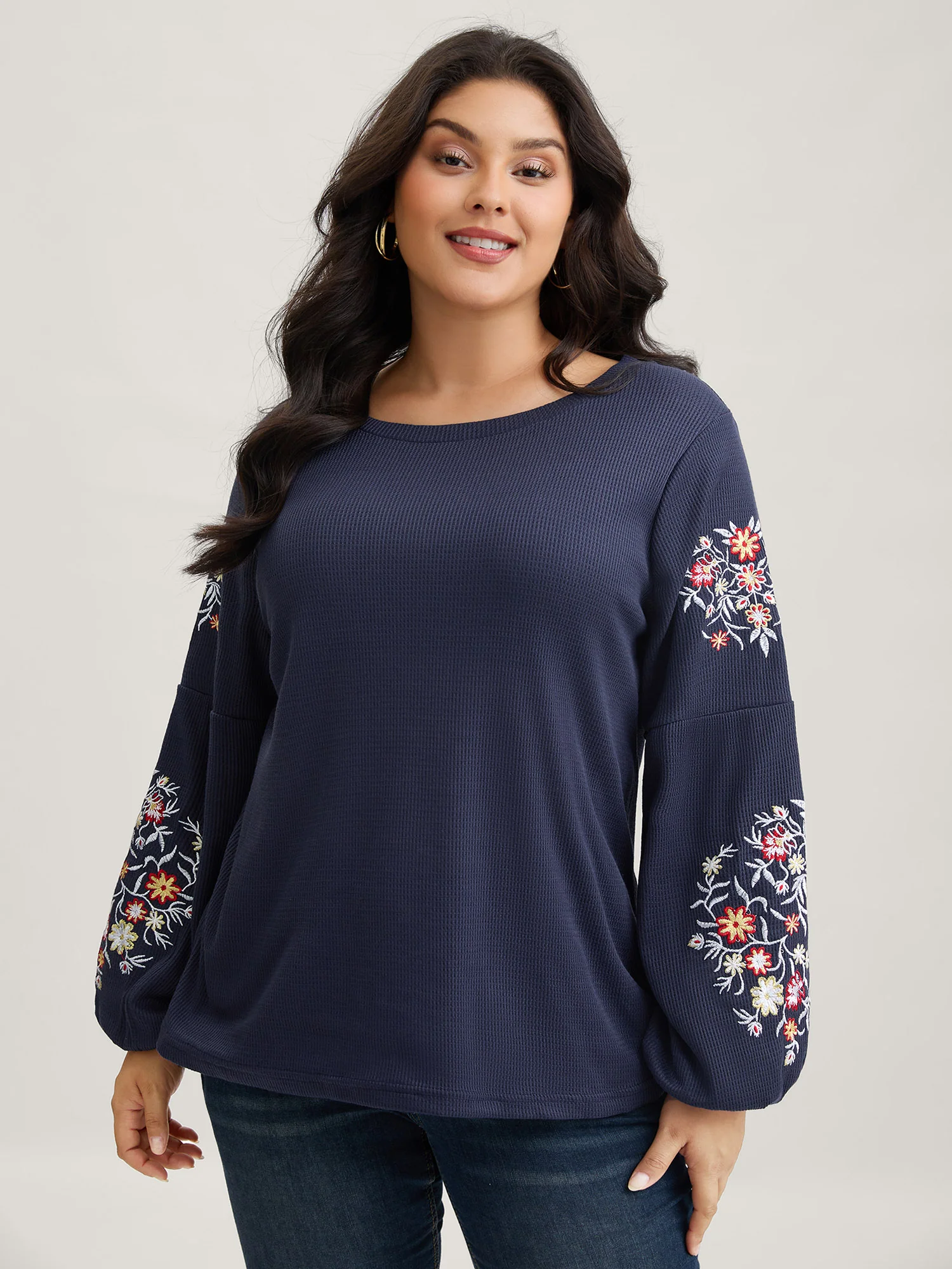 Waffle Knit Floral Embroidered Lantern Sleeve T-shirt - Image 17