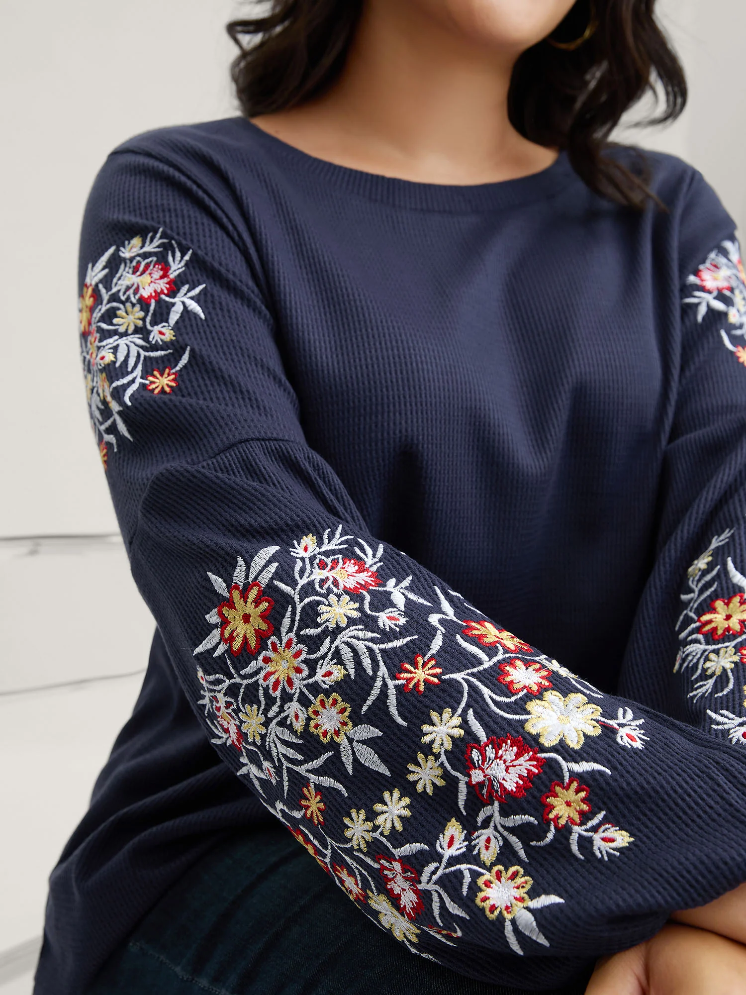 Waffle Knit Floral Embroidered Lantern Sleeve T-shirt - Image 18