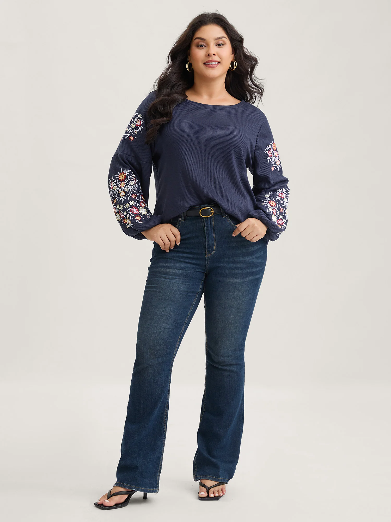 Waffle Knit Floral Embroidered Lantern Sleeve T-shirt - Image 19