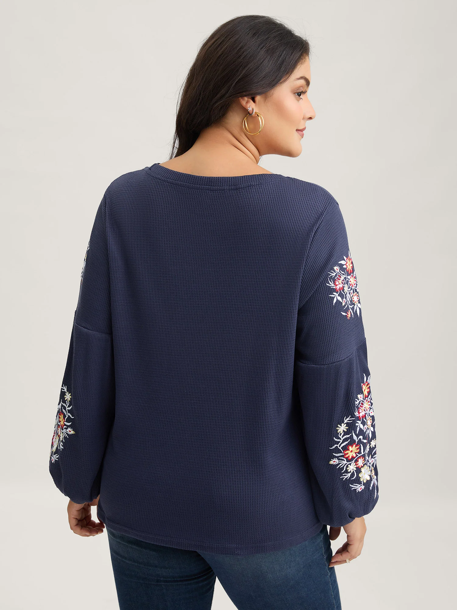 Waffle Knit Floral Embroidered Lantern Sleeve T-shirt - Image 20