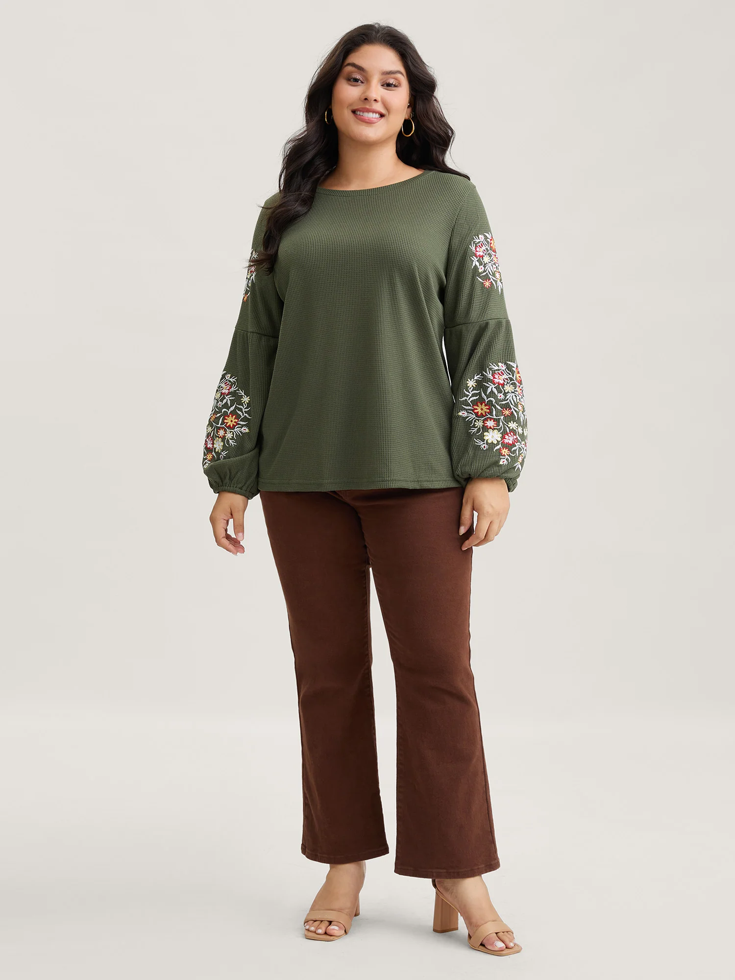Waffle Knit Floral Embroidered Lantern Sleeve T-shirt - Image 3