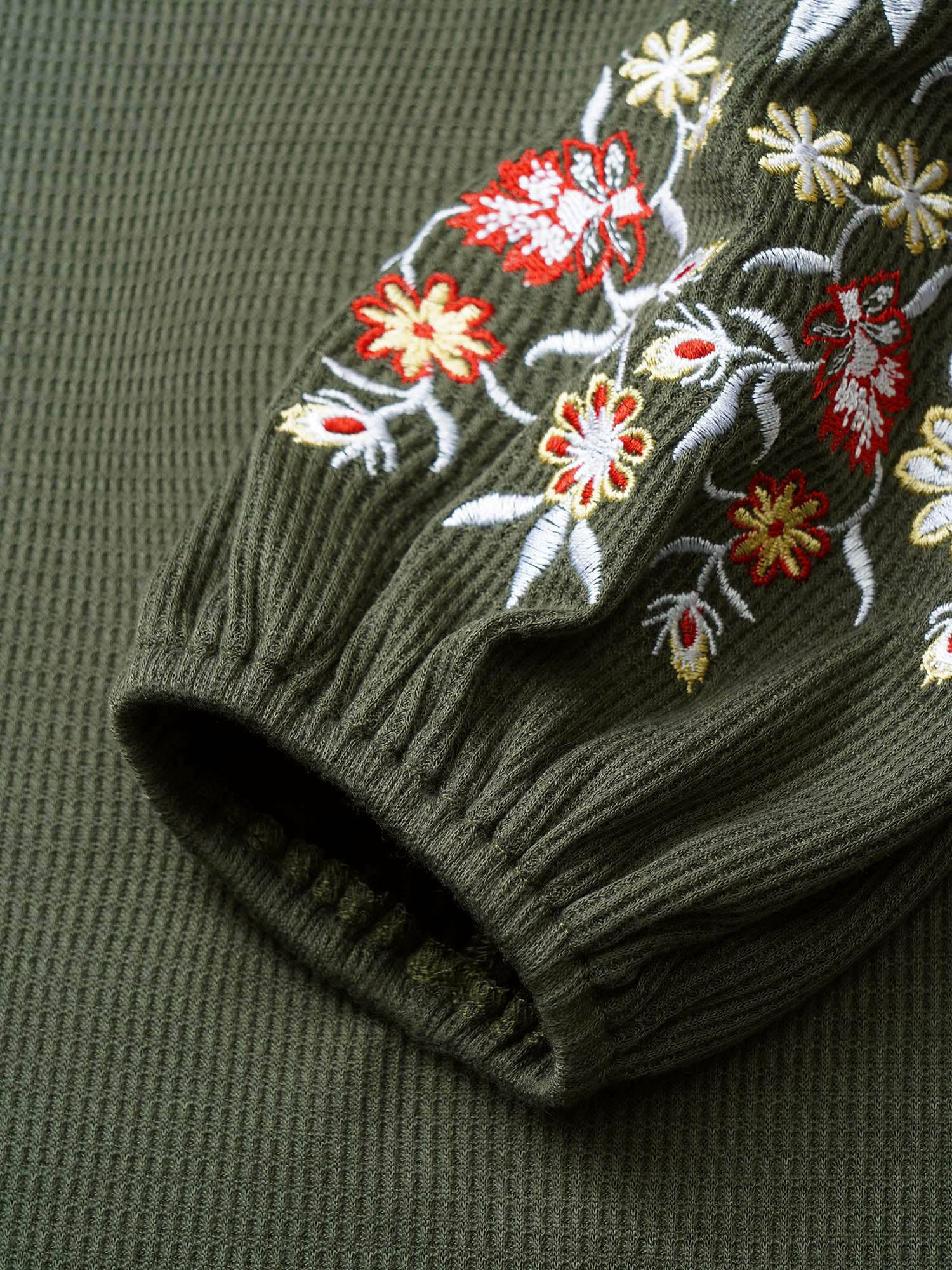 Waffle Knit Floral Embroidered Lantern Sleeve T-shirt - Image 5