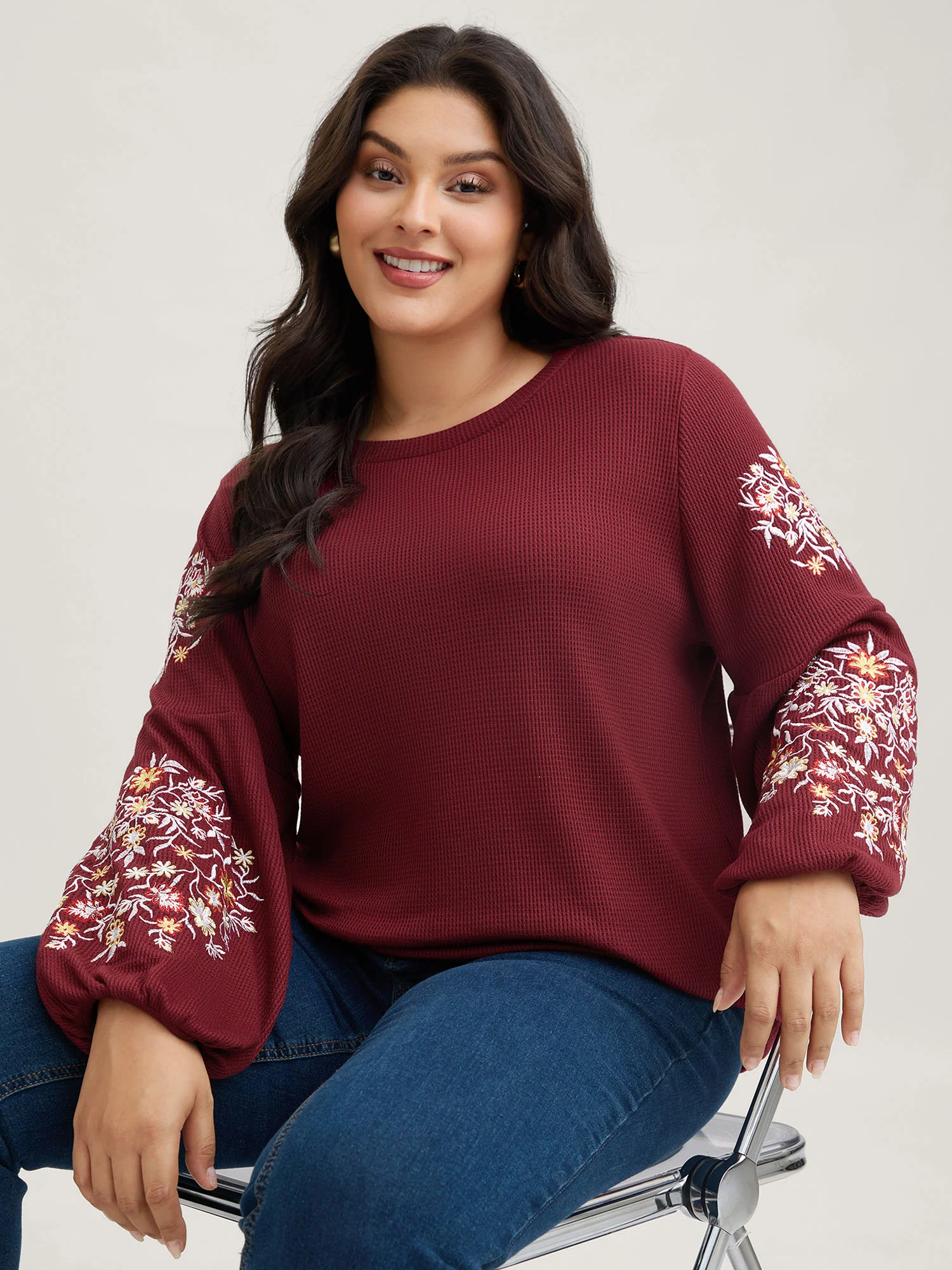 Waffle Knit Floral Embroidered Lantern Sleeve T-shirt - Image 8