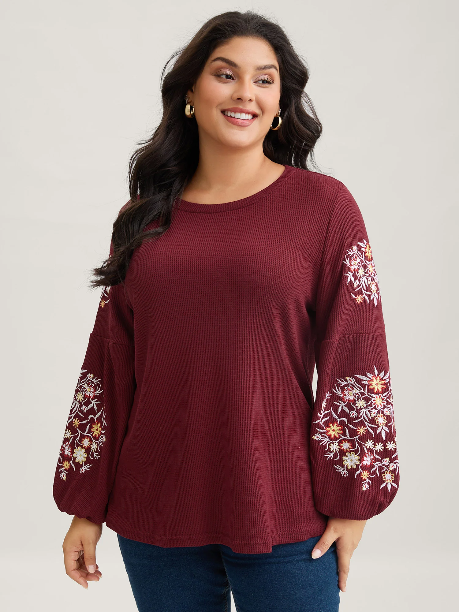 Waffle Knit Floral Embroidered Lantern Sleeve T-shirt - Image 9
