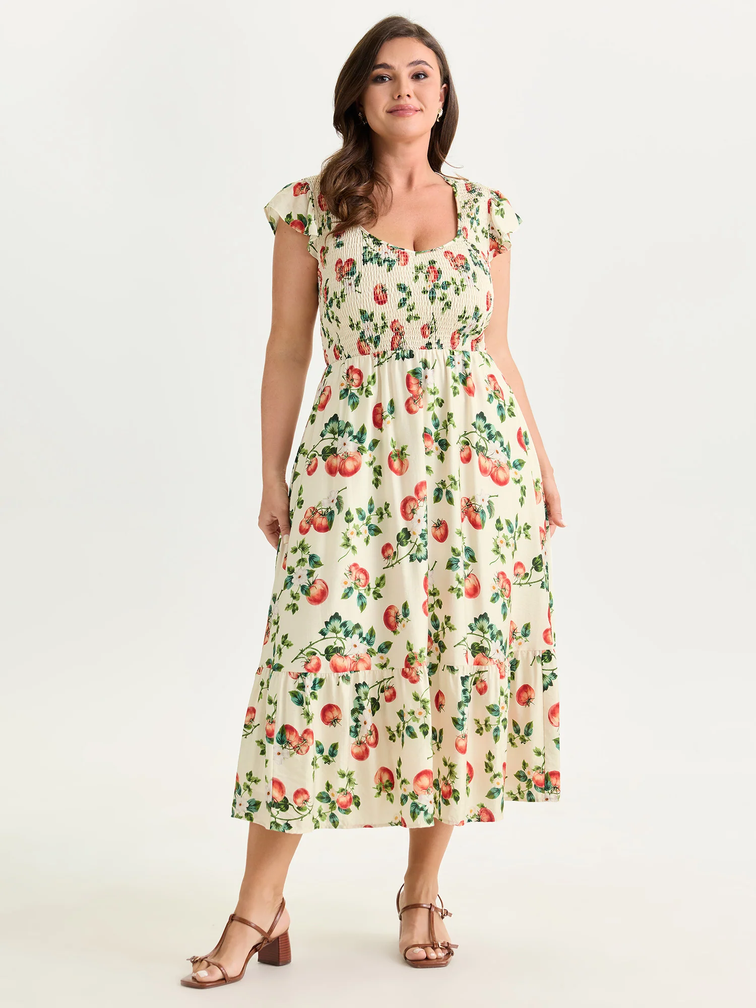 Zesty Fruit Print Shirred Bodice Midi Dress