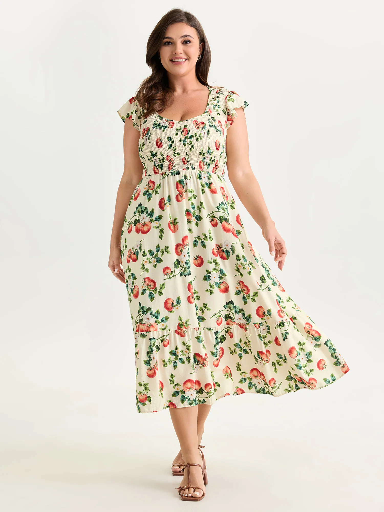 Zesty Fruit Print Shirred Bodice Midi Dress - Image 3